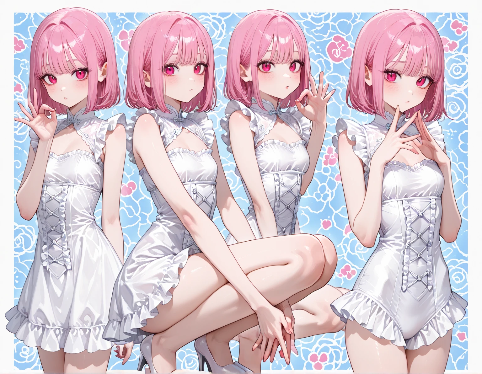 1girll， tchibi， full bodyesbian， short detailed hair， looking at viewert， mediuml breasts， Pink hair， Purple eye， Sideburns， ssmile， 独奏， dynamicposes，The finger contours are super clear，Q version of cartoon，