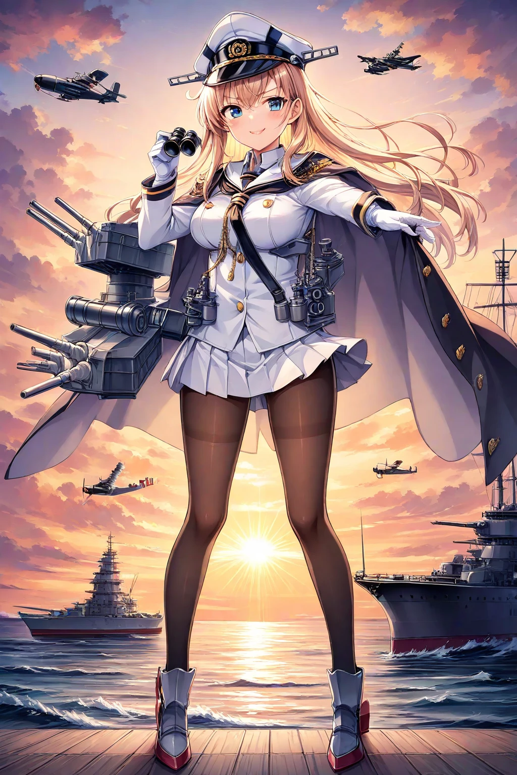 1girll,cabelos preto e longos,Qi bangs,Long ponytail,White bow hairpin,red pupils,beauitful face,crisp breasts,Convex buttocks,White tight military uniform,Gold clasp,White pleated skirt,black lence stockings,White gloves,Japanese katana in hand,beachside,Naval warships,perfectly proportioned, Cinematic lighting, filmgrain, Fuji colors, lightand shade contrast, 8K, 巨作, Textured skin, Super detail, high detal, High quality, A high resolution,