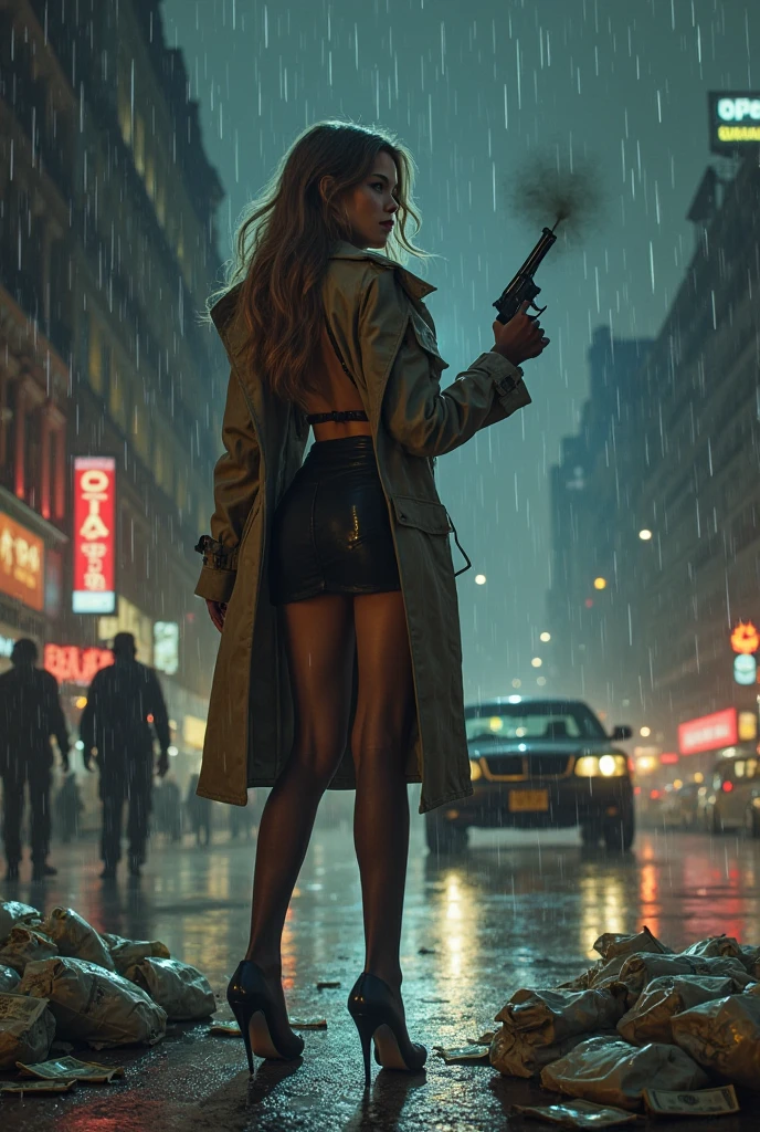 Imagine a scene where this female Joker, standing at the edge of a dark, rain-soaked Gotham City rooftop, surveys the chaotic streets below. The night is alive with the sounds of sirens, distant gunshots, and the low rumble of thunder. The city, usually her playground of chaos, now feels like it's holding its breath, waiting for her next move.

She's just finished a twisted game of cat-and-mouse with Gotham's elite, leaving a trail of destruction and confusion in her wake. Her purple suit jacket flutters slightly in the wind, revealing glimpses of the toned body beneath, accentuated by the barely-there bikini bottom. Despite the madness in her eyes, there’s a calculated sharpness to her every move.

She tilts her head back, letting the rain wash over her, smudging the heavy makeup even more, making her look like a beautiful specter, a vision of twisted perfection. The smeared red smile on her lips, the dark eyes that seem to bore into the soul of anyone who dares meet her gaze—she is the embodiment of chaos wrapped in an irresistible package.

Her next target? An unsuspecting billionaire attending a high-society gala across town, who has no idea that his fortune will soon fuel her next grand scheme. She knows her appearance alone will grant her entry; after all, no one ever suspects the beautiful ones.

She pulls out a small, jagged knife from her jacket pocket, twirling it in her fingers with ease. The blade catches a flash of lightning, reflecting the gleam in her eyes. With a final glance at the city she owns through fear, she whispers to herself, "Let's put a smile on that face."

In an instant, she disappears into the shadows, her laughter echoing through the night—a sound that’s as beautiful as it is terrifying, promising Gotham a night it won’t soon forget.
