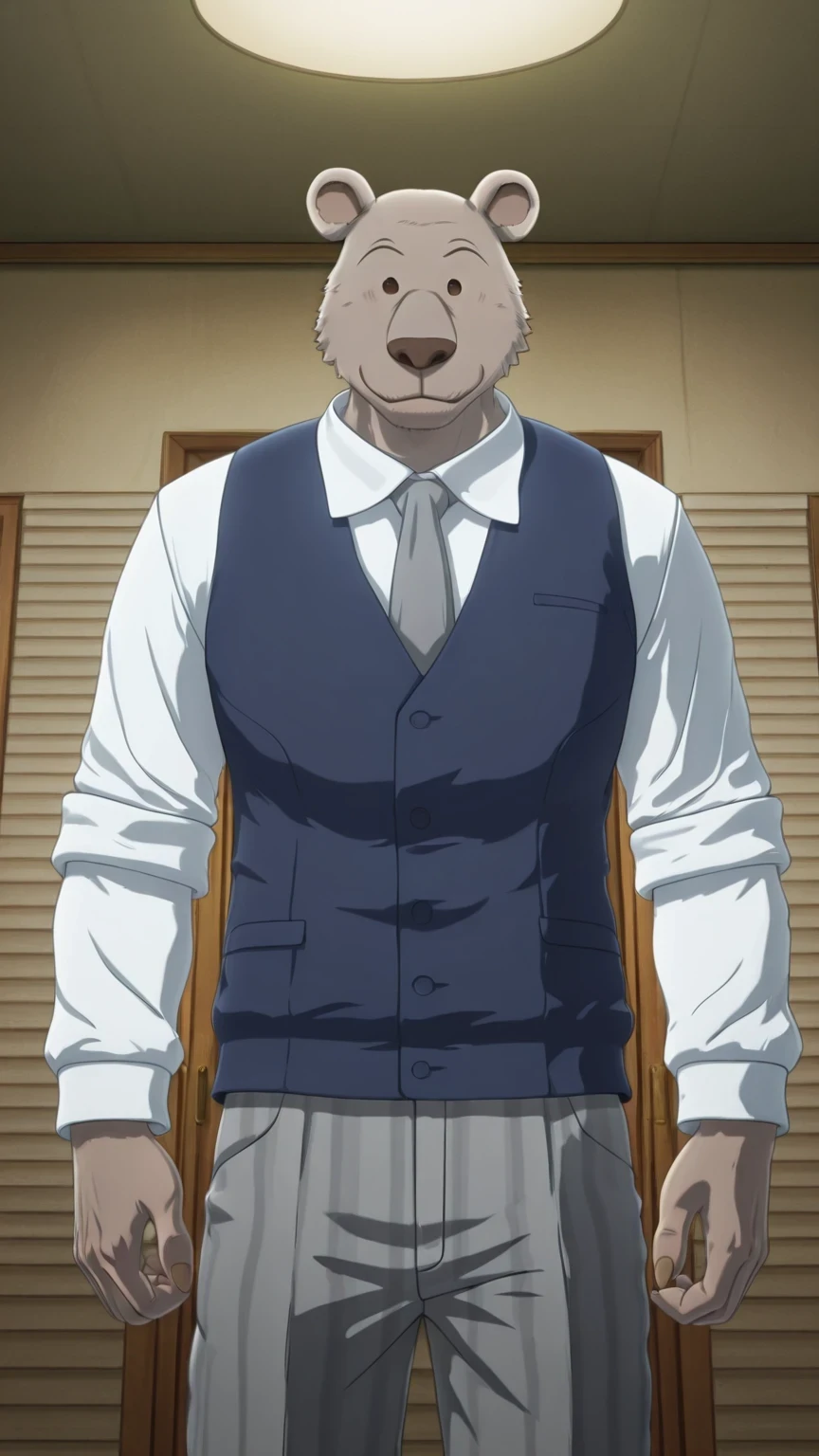 absurd res, best quality, high quality, detailed,  Riz, broad shoulders, mature male, brown eyes, athletic build, muscular male, round ears, bear, buff, gray body, blue vest, white long sleeve shirt, gray tie, standing, indoors, dorm, looking at viewer, half body, smiling