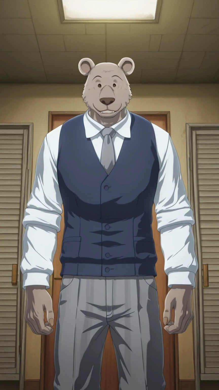 absurd res, best quality, high quality, detailed,  Riz, broad shoulders, mature male, brown eyes, athletic build, muscular male, round ears, bear, buff, gray body, blue vest, white long sleeve shirt, gray tie, standing, indoors, dorm, looking at viewer, half body, smiling