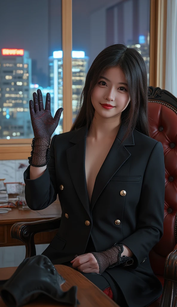 (8k, Best Quality, Masterpiece:1.2), (Realistic, Photorealistic:1.37), Ultra Detailed, Solo, A Young and beautiful Japanese politician, (suit, jacket, tight mini-skirt), (Smile,Big breasts), Beautiful Fine Eyes,(long Hair:1.2),Floating Hair NovaFrogStyle, cleavage, (1 woman is bowing to viewer:1.3), (from above)