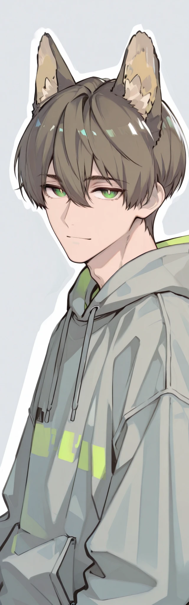 male,,Brown Short Hair,green pupils,modern grey hoodie,solid color background,Dog ears,with bangs
