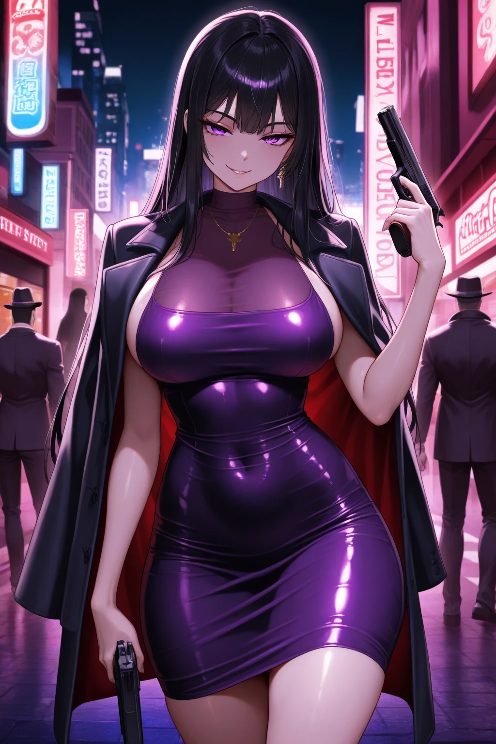 A beautiful adult woman with shoulder-length big breasts, beautiful legs, and a sharp face is standing with middle-aged men in suits on a crowded train wearing a black tube top that exposes her navel and hot pants shaped like black panties.。Seducing a middle-aged man。