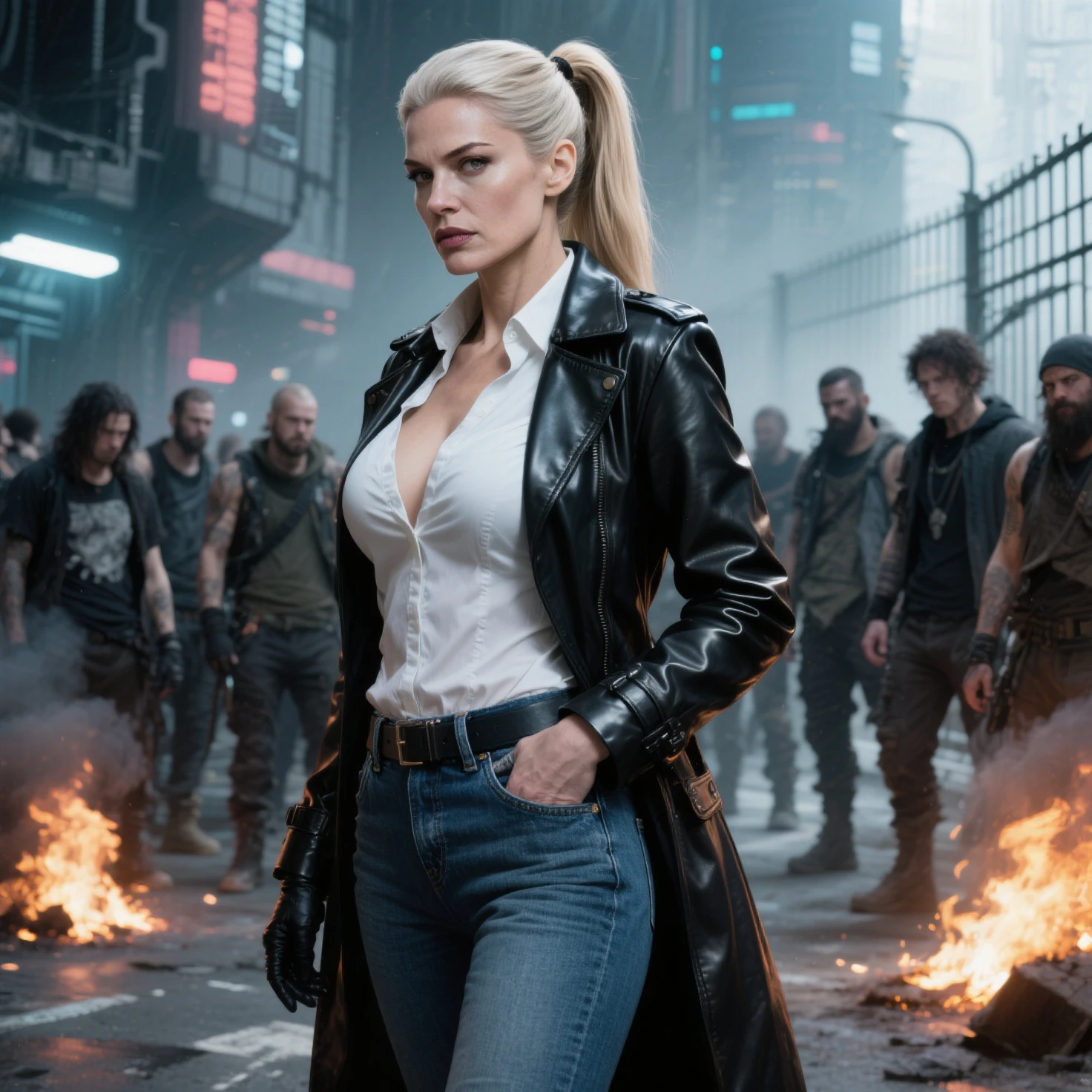 Kim Kardashian with long straight light blonde hair in a ponytail in a white top with collar , generous cleavage,in a very tight black latex leggings, she is in a temple, She also wears a blue very short leather jacket with horizontal white stripes, she aims an assault rifle at someone, she is wearing sunglasses, behind her is a huge snake with an open mouth and sharp teeth 