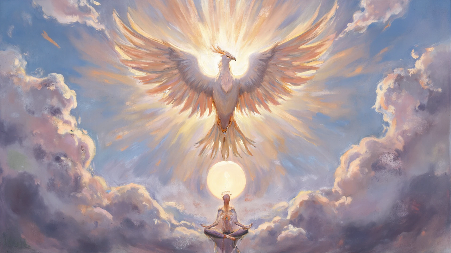Draw a woman and two birds of prey on the clouds, The goddess's hair turns into clouds,Grab the clouds in the sky with both hands,Birds of prey have cheetah-like piebalds on their bodies,There is an aperture,Bizarre sky,alien worlds,