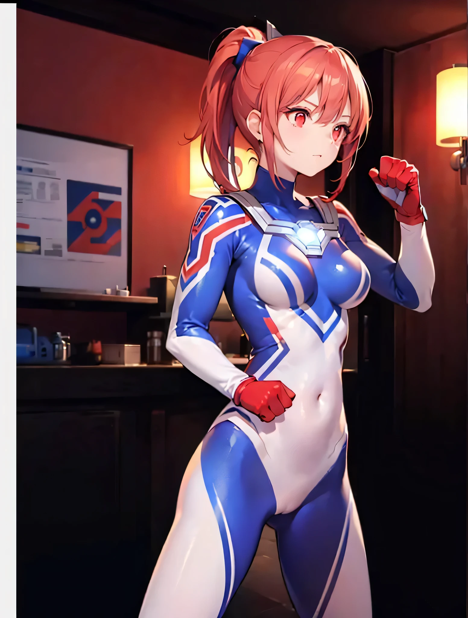 Highest image quality,8K beautiful detailed 1 young girl,(bright red hair:1.5),short bob,red eyes, (Ultra Girl :1.0), (silver and red ultraman bodysuit:1.4),big breasts,(Put your hands on your hips:1.2),(fist:1.2),smile,Upper body