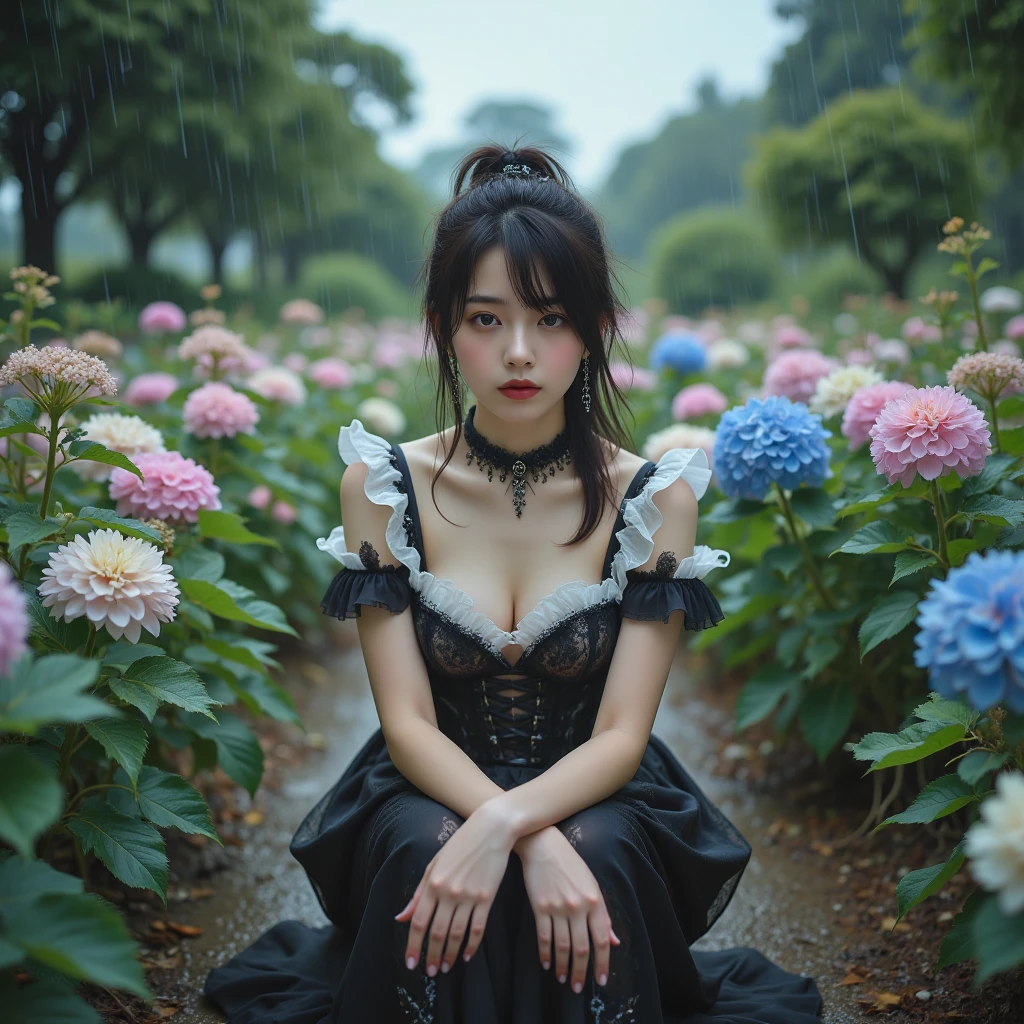 High resolution, (masterpiece:1.4), Very detailed, One girl, View from above, space, floating, (((Playing the piano)))、(((Black torn dress)))、Serious expression、in the forest、In the fog、Black Hair