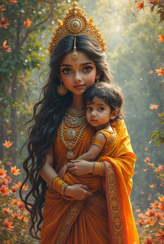 an image of Putana, the demoness from Hindu mythology, depicted in her initial beautiful form during the Krishna era. She is 1.65 meters tall with brown hair that has highlights at the ends and is slightly wavy. Her nails are painted green with glitter, and she wears a long silver ring on the index finger of her right hand. Around her neck is a necklace with white beads, and her eyes are a striking amber color, a blend of greenish-brown. Her facial features include a small upper lip, a medium-sized lower lip, a medium-sized straight nose, big eyelashes, and natural, beautiful eyebrows.
She is dressed in traditional, ancient attire appropriate for the era, made of fine fabrics with intricate designs. The setting is an ancient, serene village from the Krishna era, with rustic, earthen huts and lush greenery. Putana is shown breastfeeding baby Krishna, whose skin is a divine shade of blue. The scene captures the tranquil and mystical atmosphere of the time, highlighting the beauty of the mother and the celestial presence of the child she holds, all within the context of their ancient surroundings.