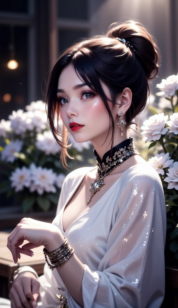 Generated in SFW, (1 Female:1.37), Above the knee shot, (From the side:1.21), Japanese women, 28 year old supermodel, Skinny body, (very small head), (Very small face), (Perfect Anatomy:1.37), Make your body anatomically correct, (highest quality:1.4), 32k resolution, (Realistic:1.5), (Ultra-realistic:1.5), High resolution UHD, (masterpiece:1.2)), (Improvement of quality:1.4), (Very beautiful facial details), (Highest quality realistic skin texture:1.4), Fit-fit uniforms, ((Shiny Dress:1.37)), Big earrings, Pearl Necklace, ((Black colorful floral background:1.15)), Accurate Fingers, Very detailed, Symmetrical eyes, Thin lashes, Sharpen your eyebrows, ((Very detailed portraits)), Red cheeks, Ultra-realistic eyes, Perfect Lips, Perfect Eyes, Perfect Iris, Natural Makeup, [Purple Lipstick], ((A great eye for quality:1.2)), (tired, Sleepy and satisfied:0.0), (Beautiful Lips:1.33), (Great nose:1.2), (Flat Chest), Tight waist, (Slim lower body), Brown Hair, (French twist hair:1.37), (Hair Clip), ((Realistic)), ((Sharp focus)), (Highest Resolution), ((The most ridiculous quality)), ((masterpiece)), Professional Cinema Lighting、（Perfect Body Proportions), (Perfect hands), （Perfect Fingers），(Oily skin:1.5)