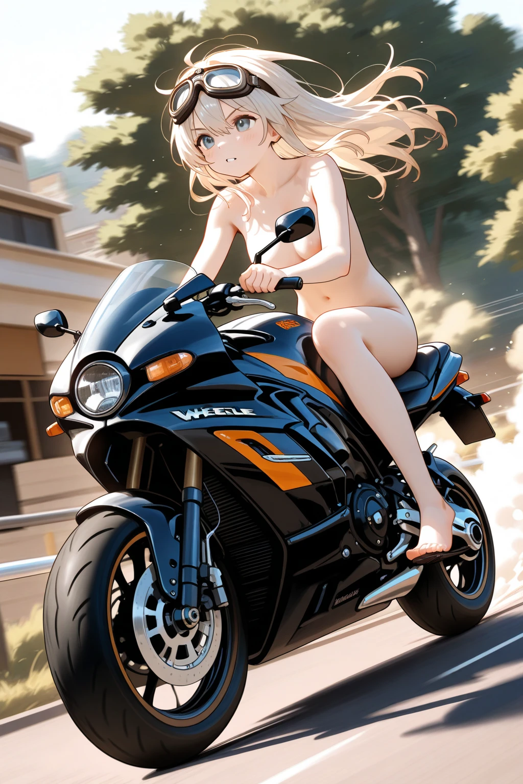 1woman, sitting on a moto GP, (huge moto:1.1), legs spread, (red moto:1.3), (big wheels:1.2), (big moto:1.4), from behind, nipple slip,(realistic:1.5),photorealistic, octane render,hyperrealistic, wide hips,huge thighs,white legwear,(photorealistic face:1.2),collar,(small breasts:1.1),thick eyelashes,long eyelashes,(twin tails:1.1),blonde hair,hair ribbon,arm straps,choker,(white lingerie:1.3),best quality, nsfw,cameltoe,streaked hair, half smile, victory sign, looking at viewer,sharp focus, (4k),(Masterpiece), (Best Quality), fantasy, extremely detailed, intricate, hyper detailed, (perfect face), illustration,soft lighting,(specular lighting:1.4),blue eyes,absurdly