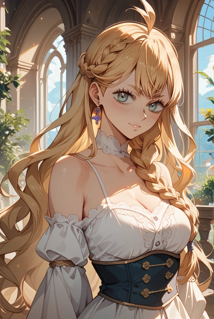 high res, 1girl, elegant medieval mother, long hair, light blonde hair, parted bang, light blue eyes, loose white dress, wide shoulder, inside castle, big breast, cleavage, a mother, calm expression, portraits, soft lighting, vibrant colors