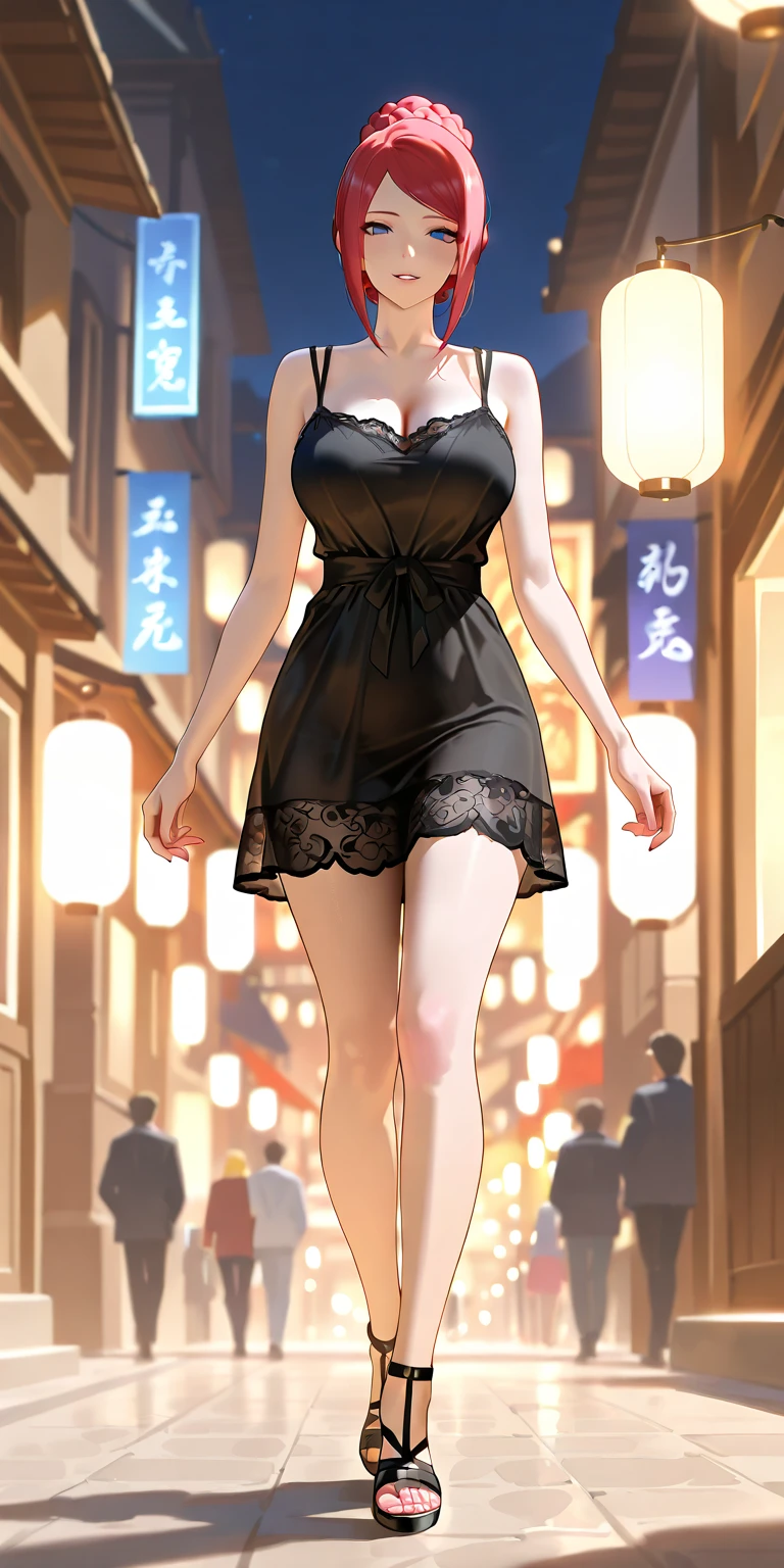 nozomitoujou, nozomi toujou, green eyes, brown hair, short curly hair, large breasts, masterpiece, best quality, high resolution, beautiful detailed eyes, extremely detailed face, good lighting, detailed CG, messy hair, glossy lips, city street, night, neon lights, minidress, high heels, standing
