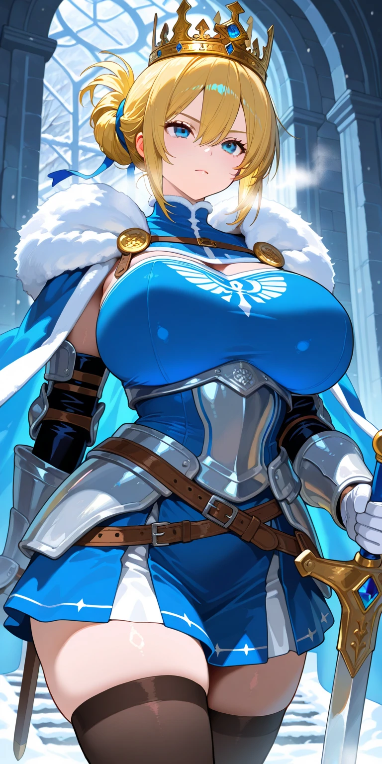 ((Ashe)), (League), Freljord, Summoner's Rift, Riot Games, League of Legends, Frost Archer, (white hair), (blue cape), (blue hood), (blue miniskirt), (blue stockings), (exposed thighs), (gold trimmed clothes), (gauntlets), snow, mountains, cold, sexy, wearing a ((big diaper)), (big breasts), (wide hips), ((mommydom))