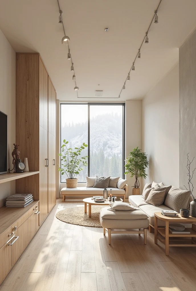 ，masterpiece, best quality，8k, ultra highres，Step into this Nordic style living room，It is as if entering a warm picture。The wood-colored floors and white walls complement each other，Creates a fresh and natural atmosphere。Comfortable soft sofa and plush carpet，It provides you with the ultimate relaxation experience。There are some minimalist style art paintings hanging on the walls，It exudes a touch of elegance。There is a lovely bonsai in the corner，It adds a touch of life to the whole space。Large area of floor-to-ceiling curtains after opening，Sunlight spills in，Illuminated the whole room。In this Nordic style living room，You will feel the perfect blend of tranquility and nature。