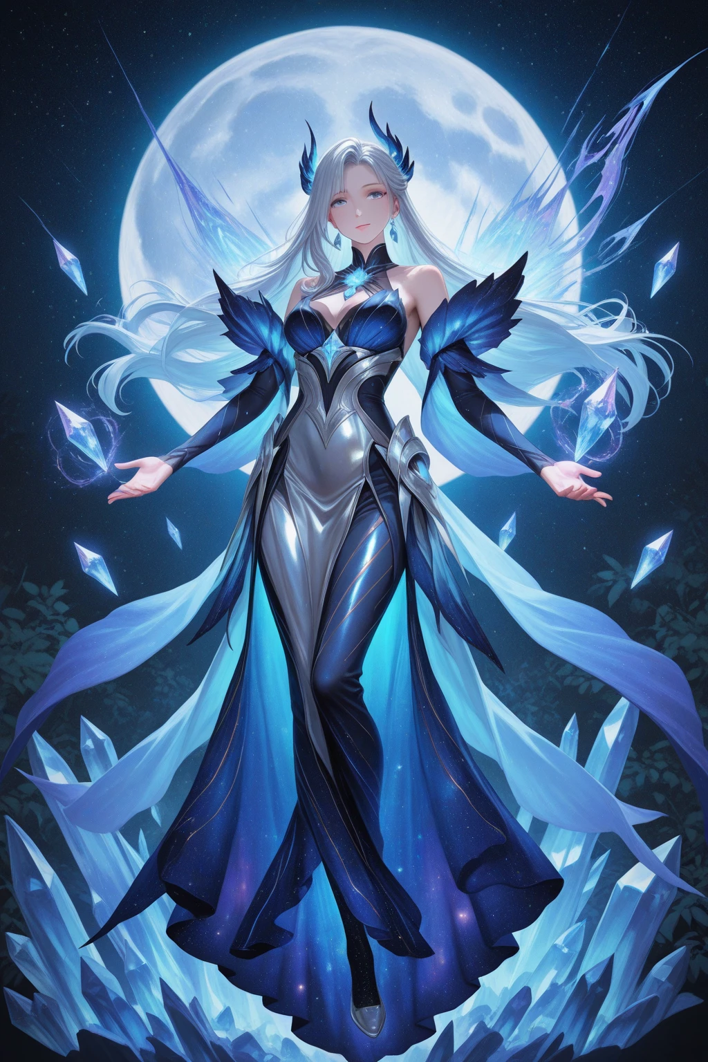 Anime girl in blue,Blue hair and blue clothes, Flowing Magic Robe, ((Beautiful fantasy queen)), Star Witch Costume, Full body fairy, Beautiful Celestial Mage, heise jinyao, Beautiful fantasy queen, cotton cloud mage robes, Jellyfish Priestess, ethereal essence, Gorgeous flowing robe, Long flowing hair and robes