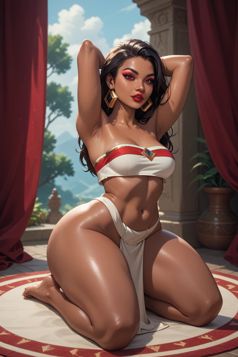 score_9, score_8_up, score_7_up, source_comic_art, illustration, BREAK; (hot ebony MILF, black woman), ((ebony skin, dark skin:1.2)), (hazel eyes), beautiful eyes, (curly dark hair,) (stylish bob haircut), wide hips. Athletic body, large breasts, (perfect tight ass)1.2, eyelashes, perfect makeup; earrings, choker, silk micro-skirt, transparent red tank top, covered nipples, (black stockings)1.3, highleg thong cameltoe, wide hips, toned legs, ,(beautiful feet), (ass on side, straight legs together on side)1.2, , sitting on a table, assortment of dishes on the table; (night time, luxury palace, moonlight)