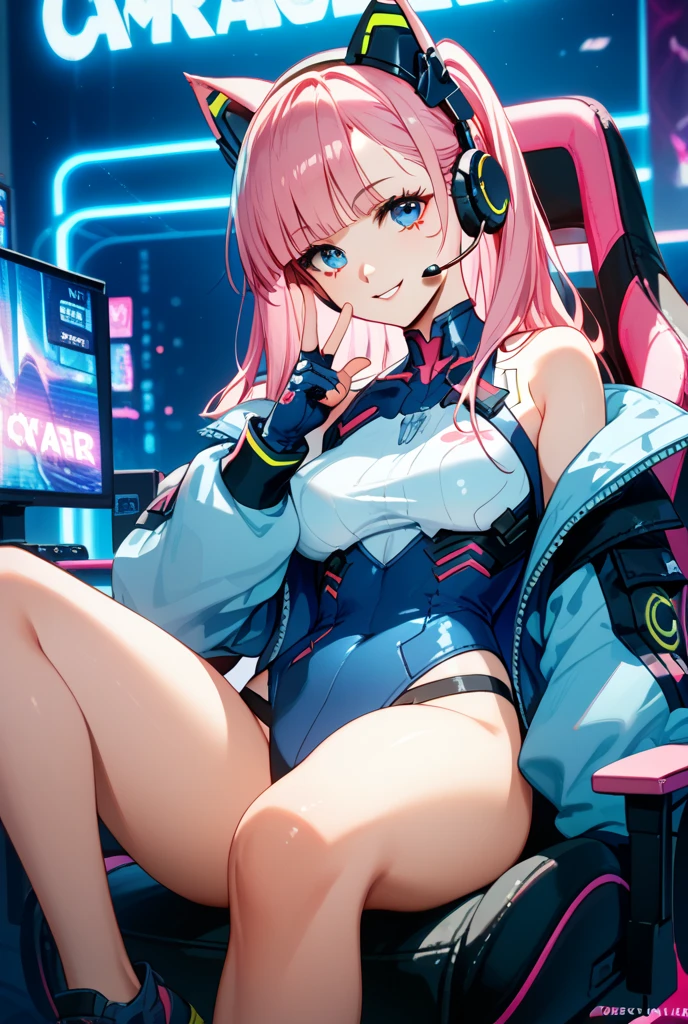 ((masterpiece)), ((best quality)), (Extremely detailed), ((Kawaii)), Lovely, (charming), ((Sexy)), ((Very detailed)), 4k, (8K), best quality, (beautiful), (Anime style:1.2), Flat Color, , rest, Dynamic poses ((National Foundation)), rest, Upper Body, level, Beautiful girl with Pink Hair，disheveled hair，long Pink Hair, Hammerhead, White pupil，The legs are very thin，Very long legs, Blue eyelashes, ​masterpiece, rest, 1 Girl ((20 years old)), Cyberpunk, Black bikini, The role of Mitsuri Kanji, Bangs, Dressed to perfection, Big thighs, have, Fortnite, Uterus tattoo, rest, Large Breasts, Smile, open mouth, long hair, Hammerhead, (Pink Hair, Deep blue eyes:1.2), Bright Eyes, (Perfect eyes:1.2), (Perfect iris:1.2), rest, (Cool), rest, Glittering, Super shiny body, Glittering, Cute face, Kawaii, Large Breasts, Fine hair, disheveled hair, rest, Gray background , ((Low photographic angle, Ground view)) High and tall，Thin, 8K, From surrealism, Official Art, National Foundation，pretty short skirt，Sitting，Expose a beautiful ass
