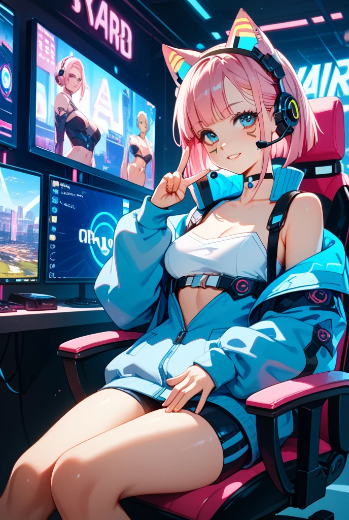 (best quality,highres:1.2),ultra-detailed,realistic,photorealistic:1.37,a beautiful girl model in a pop style,18 years old,long legs,medium breasts,extremely detailed face (with emphasis on azure eyes),wearing tight-fitting clothes (exposing the stomach),sitting in a perfect split pose,illustration,colorful pop art style,dynamic lighting,neon colors