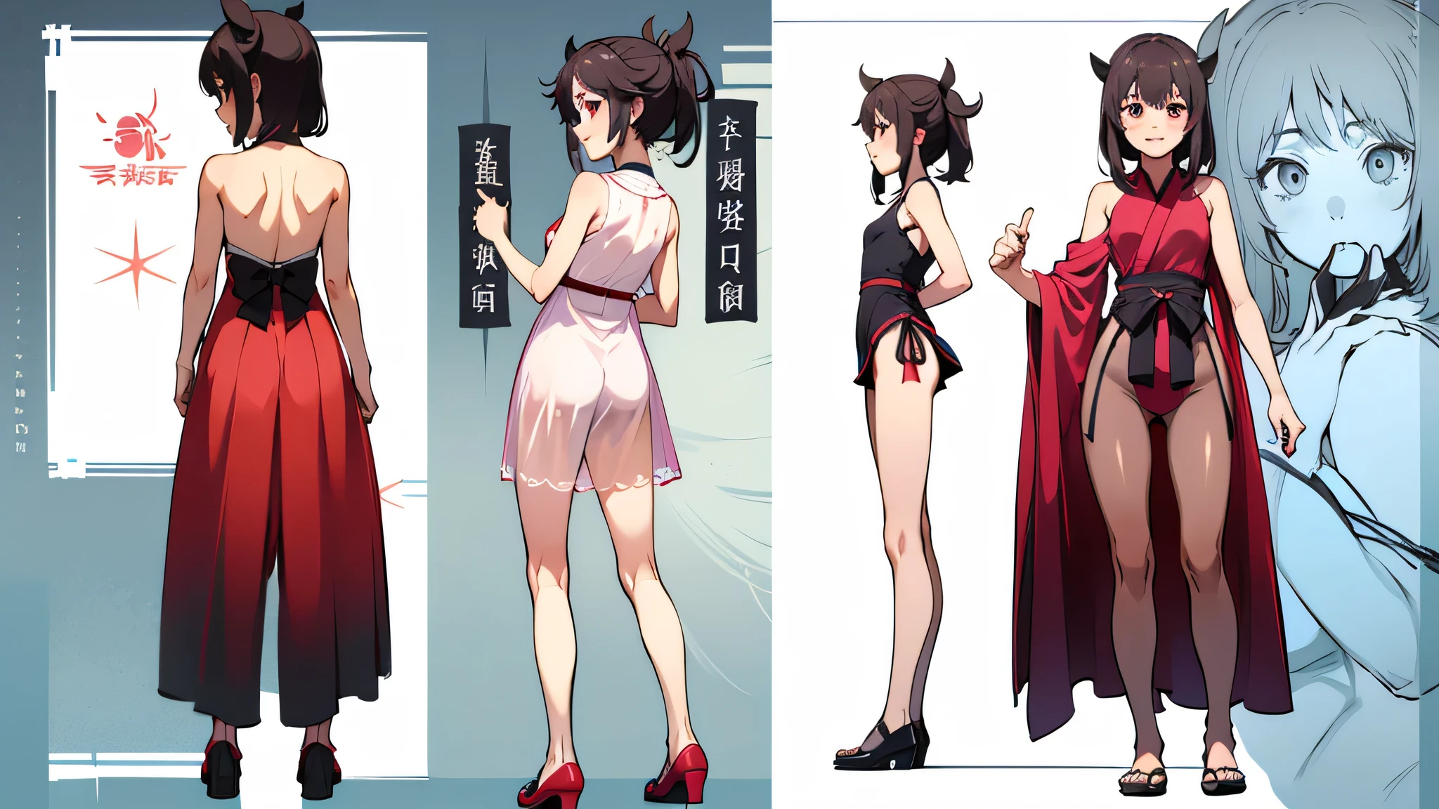 ((Best Quality)), ((Masterpiece)), ((Realistic)) 19 year old, redhead girl, shoulder length hair, relaxed happy face ((slender)) (busty), ((( cheongsam dress))) (((mini skirt))) ((sexy dress)) (( up-skirt )) ((white thong)) bun hairstyle, (((detailed character sheet, frontal view, side view, three quarter view))) (((white background))) 6 and a half heads full body