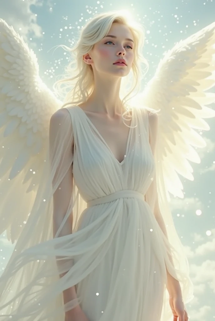 masterpiece, best quality, high quality, extremely detailed CG unit 8k wallpaper,high quality, highly detailed, Imagine a dreamlike scene with a beautifull female angel, she have Golden blonde hair and white longe wings. Longe silver dress and she have powerfull aura, she have Green eyes and gently aspect, Celestia. Full body portrait   award-winning photography, Bokeh, depth of field, HDR, photorealistic, extremely detailed, trend on artstation, trend on CGsociety, Complex, High Detail, dramatic, art by midjourney