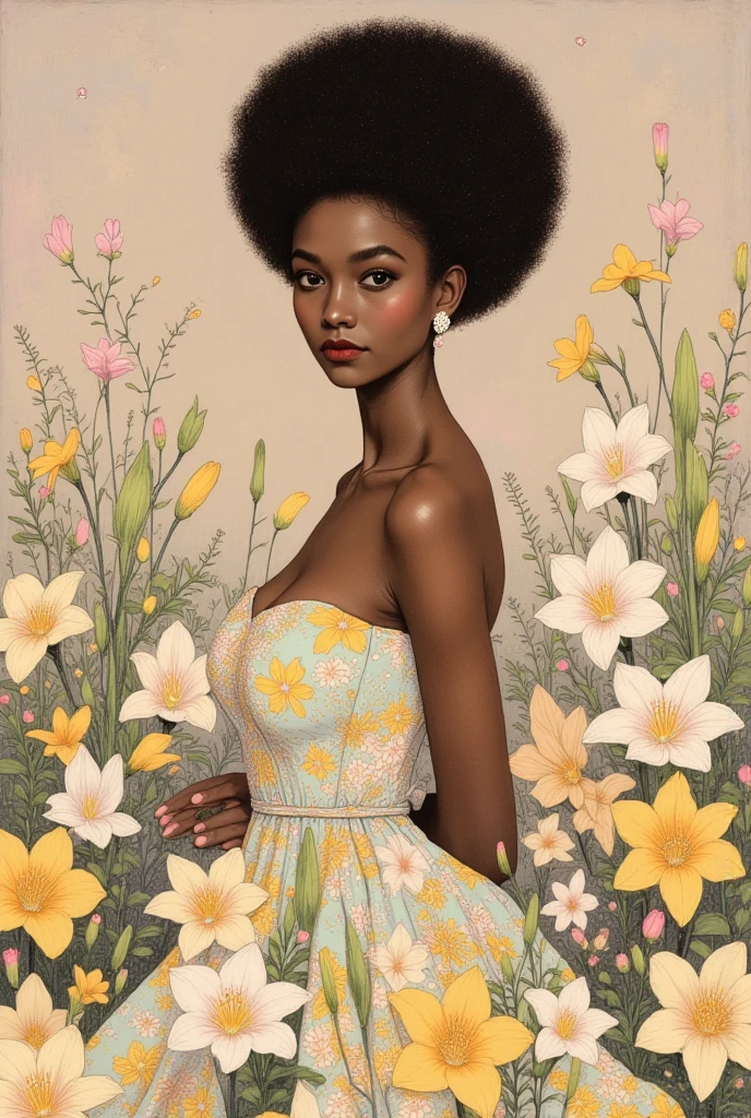 Full body, water colors, ink drawing, beautiful cyberpunk Ethiopian habesha woman, clean defined delicate features, a long formal  white cotton dress, cross necklace , colorful floral background, in the style of Albaso braids