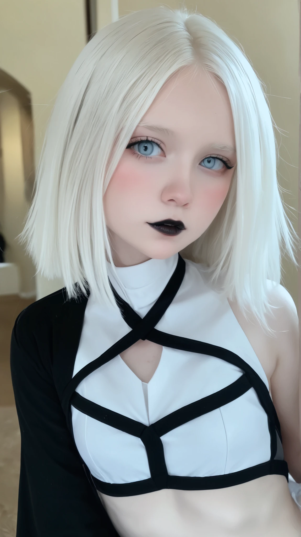 Best quality, masterpiece, super high resolution, (realism: 1.4), white hair, pale skin, bedhead, goth, happy, big black textured turtleneck, black lipstick, smiling, textured, bedroom, sleeves, loose curls, wild hair, messy hair, selfie spiky hair