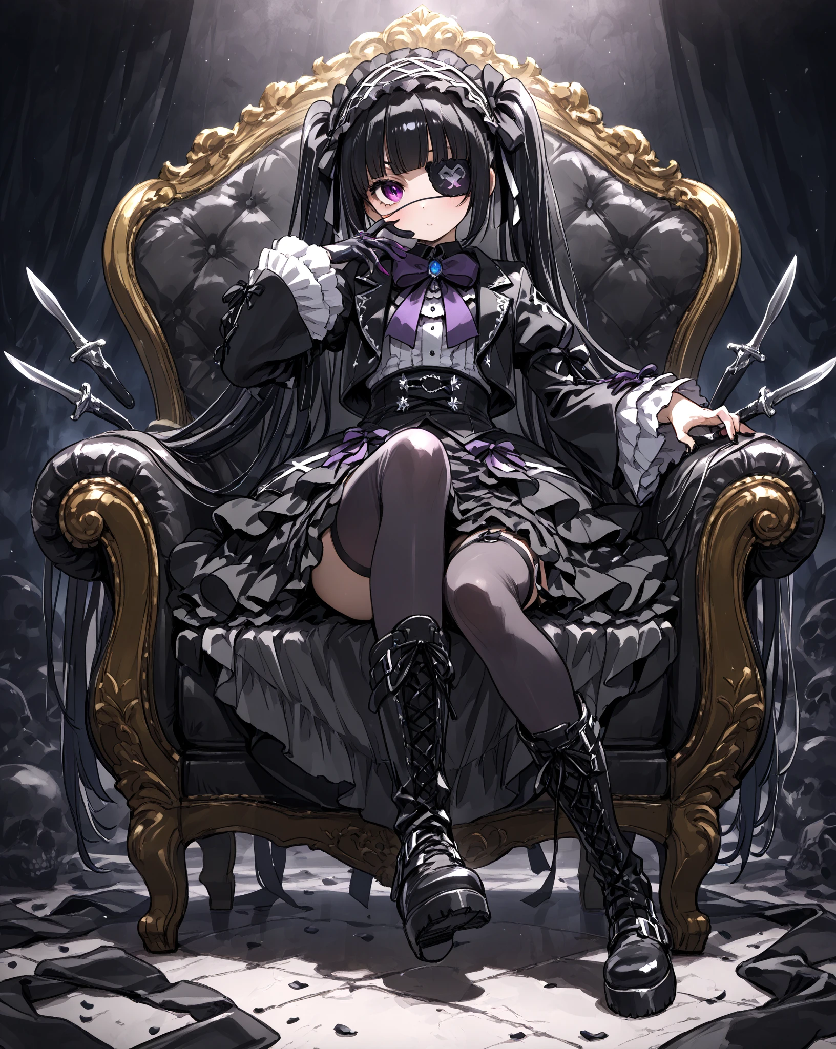 Black Hair、Black Feather、Gothic punk dress、Legs sticking out，Sit on a chair, Crossing your legs、Throne,anime zombie witch design, Crossbones, skull, Streetwear Design, Provector, Horror Style, Full Design, Only 6 colors, Solid Colors, No Shadow, Full Design, Stickers, Bright colors, White Background.Ultra-fine illustrations,(((Beautiful fine hair))),(((Beautiful Faces))),(((Beautiful background))),(((Beautiful fine hair))),(((Beautiful Faces))),(((Beautiful background)))、Black Hair、Blunt bangs，Undershot（（Right hand white eye，Left eye purple）），Otto Eyes