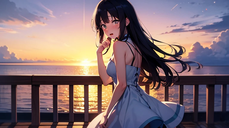 (Best Quality: 1.5), (Ultra Detail: 1.5), (Best Quality Photo: 1.5), Bright lighthouse standing on the cape, ocean as far as the eye can see, horizon, rainbow, midnight, scenic, beautiful landscape, galaxy, nebula, full of stars, particles of light, very delicate and beautiful, very detailed, bioluminescence, cinematic light, mysterious, cinematic angle, 8k resolution, elegant, perfect, smooth, beautiful girl looking far away, very cute(Delicate and Beautiful Eyes: 1.2), (Girl: 1.5),Lace,Ribbon,Strapless,Luxurious Accessories