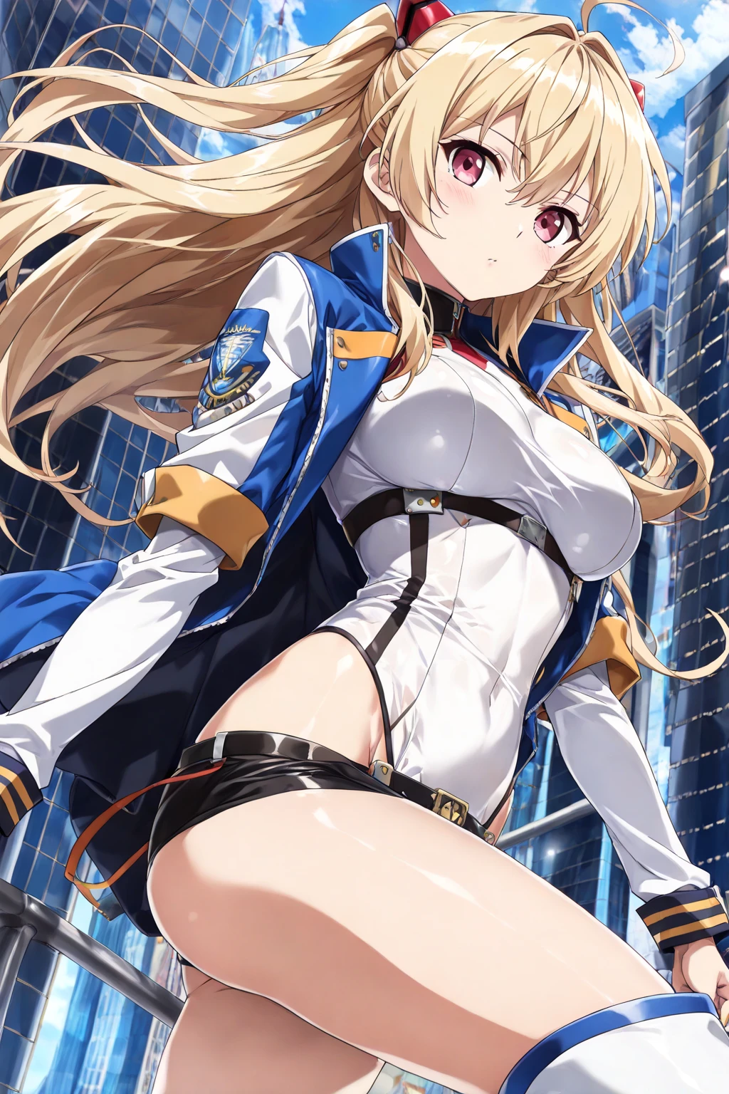 (masterpiece, best quality:1.2), intricate details, 1girl,sky striker ace raye,cityscape ,blue eyes,long Blond hair, black headdress.Dark brown tie,on the knee, on the rooft of a building,raining,stars,night,narrow bust,frontal view,(mature female:1.2),huge breasts:1.6,thin body,close up,