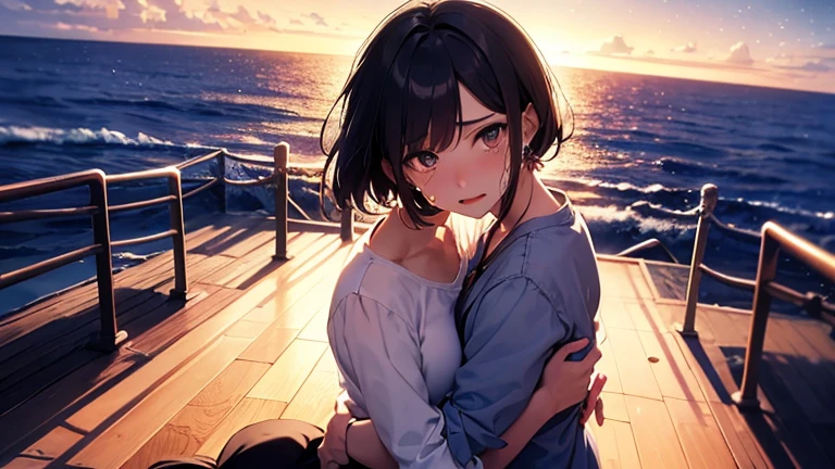 1girl, solo, gentle smile on her face flat chest, short hair, black hair, upper body, ((masterpiece, illustration, best quality)) ((best quality)), ((masterpiece)), (detailed), Girl sitting on the roof of a house, clasping your knees with your hands, and looks thoughtfully at the night sky, Star-studded. She's wearing a cozy sweater and her favorite cat socks.. Nearby there is a mug with still warm cocoa. The atmosphere is quiet and peaceful. The camera is located from bottom to top