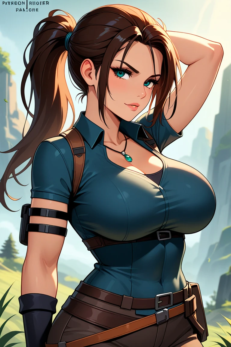 masterpiece, best quality, perfect lighting, portrait of Lara Croft in her 20s, solo, brown eyes, lying down, large breasts, nature, Tomb Raider background,