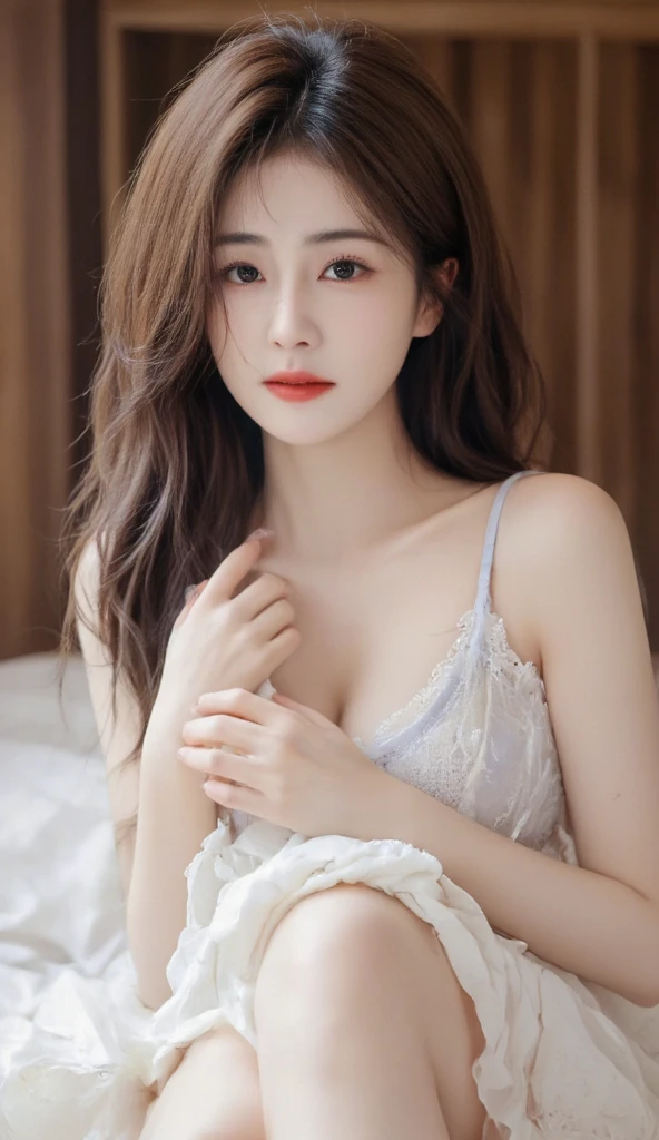 beautiful girl, wearing a thin cloth, lying posing on the bed, ((studio)), ((studio lighting)), long hair, white skin, beautiful, best quality, masterpiece, ultra high detail, red short hair 