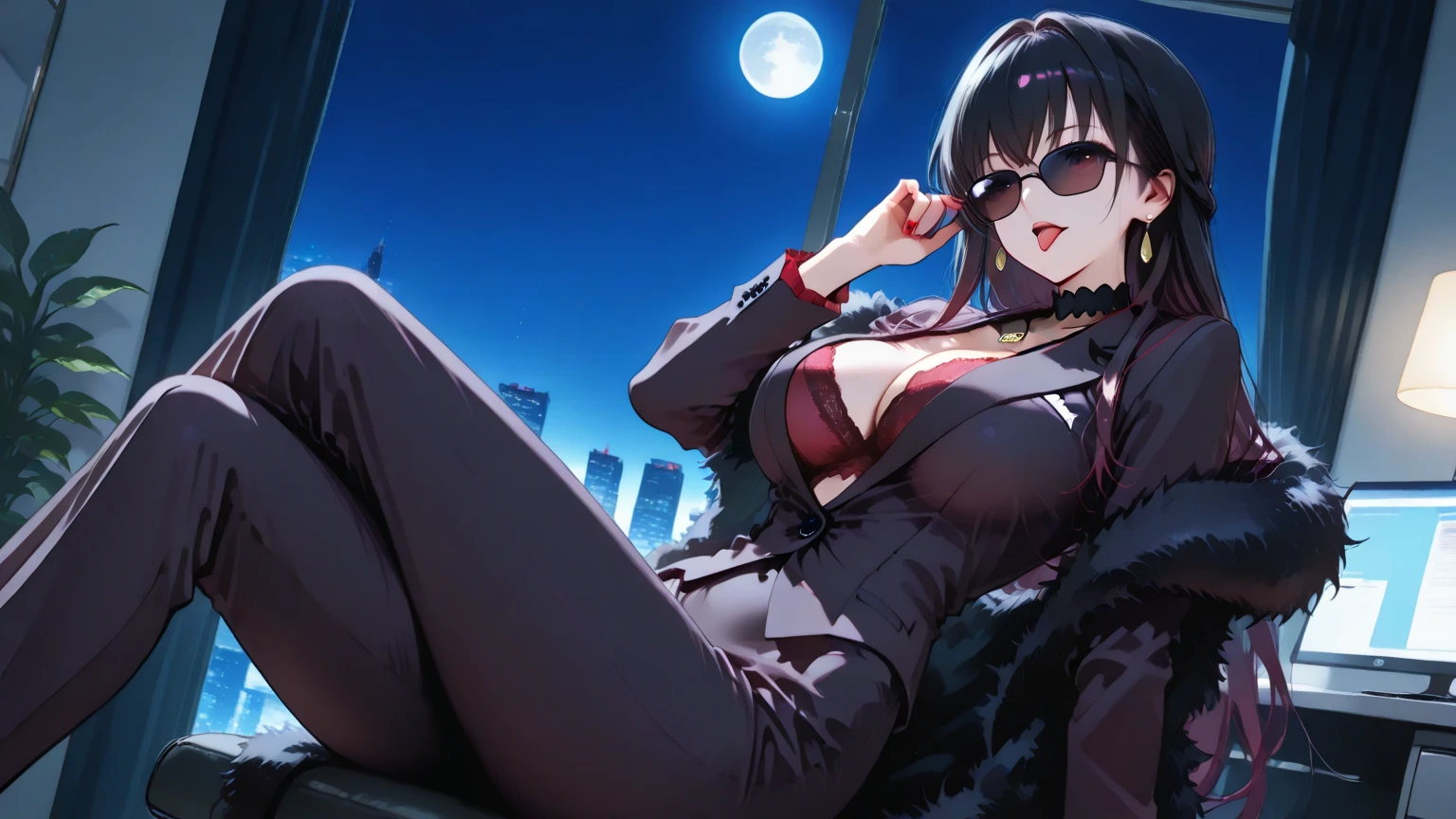 1 girl , alone ,Taisho Modern、big cleavage、headphone , greenish black hair、ponytail、fox ears、blue eyes、sunglasses、Dark purple kimono、red hair ornament、light purple long hakama、Shoulder decoration、leather boots、 headphones around the neck、sunglasses、flashy necklace、sexy、charm、Wet、face turns red , Inside the train、sitting