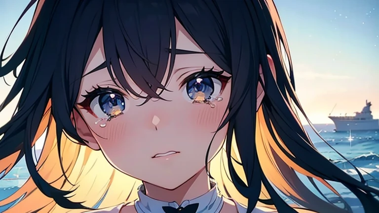 a beautiful blue and black kitsune, big breasts, long black hair, slim waist, detailed portrait, intricate details, dramatic lighting, mystical, elegant, sensual, long white tail, heterochromia (one blue eye, one red eye), His eyes would shine brightly, Surrounded by red energy fireflies, Wearing a one-piece swimsuit, covering herself up, very blushing and angry,