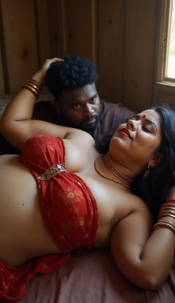 cute chubby woman freefaller on bed,wearing red sari,golden jewelries,cries in pain,applay sindoor at the beginning or completely along the parting-line of a woman's hair,masculer man,wearing salwar Taqiyah ,hairy body,laydown over the woman