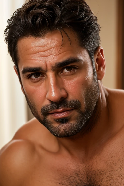 masterpiece, best quality, high resolution, closeup portrait, male focus, solo focus, A man, 45 years old, with firefighter uniform, firefighter, silver grey hair, messy hairstyle, cute and seductive face, bare chest, body hair, facial hair, roman nose, very skinny body, hairy legs, dimples, beard, bold jawline , in the background a fire statition,  view from below, amazing composition, front view, HDR, ultra quality, elegant, highly detailed