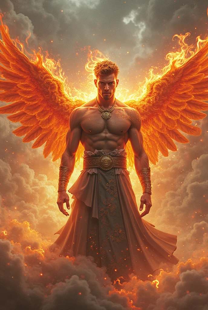 (best quality,4k,8k,highres,masterpiece:1.2),ultra-detailed,(realistic,photorealistic,photo-realistic:1.37),man with phoenix wings on his back,fire surrounding his fist,feathers,captivating expression,flaming wings spread wide,Fiery light,cinematic mood,dramatic angle,heroic stance,mythical creature,sculptural details,radiating power,celestial aura,vibrant color palette,scorching flames,epic fantasy,mythological hero,heroic mythology,combustible energy,luminous heat,dynamic movement,high-contrast lighting,archetypal figure,detailed feather texture,mythical symbolism,fiery trails,embodying strength and grace,vividly glowing embers,powerful presence,extraordinary supernatural ability,astral fire,enduring power and rebirth,fiery spirit,awe-inspiring spectacle