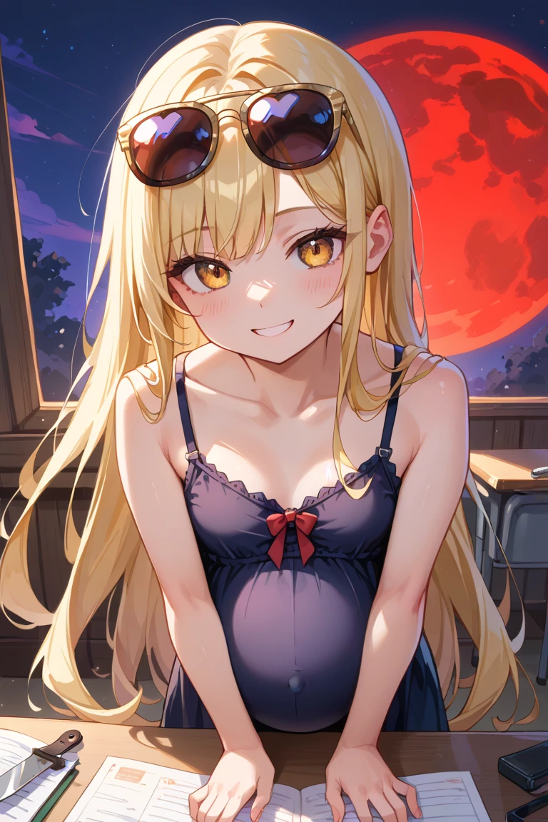 masterpiece, best quality, extremely detailed, 1girl, (milf:1.2), solo, (dark skin, black skin:2), SaibaMomoi, (huge breasts:1.31), ((((blonde hair), long hair, pink eyes))), red lips, (((bikini, american flag print bikini, medium skirt, white pantyhose))), ((@_@, yandere trance, evil smile), open mouth, fangs), ((hands on own face, balcony, buildings))