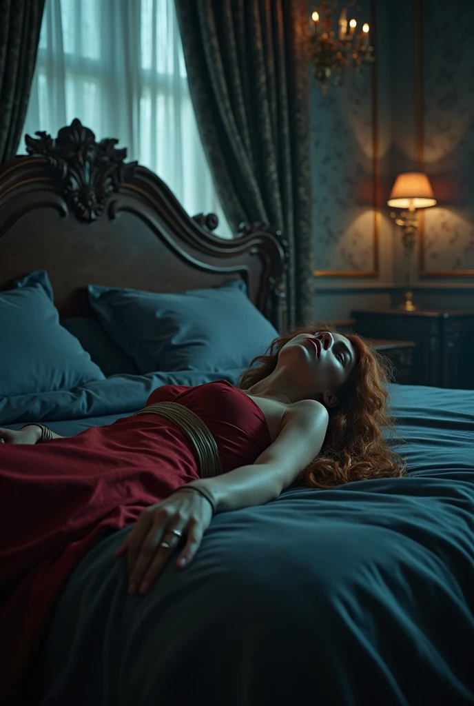 cinematic film still of <lora:Lucy Westenra:1>
Lucy Westenra a woman laying on a bed with a red victorian era dress moaning loud on bed with her eyes closed with a creepy shadow on wall Kodak Eastman EXR 50D 5245, EXR 500T 5296 Cinematic Film, shallow depth of field, vignette, highly detailed, high budget, bokeh, cinemascope, moody, epic, gorgeous, film grain, grainy