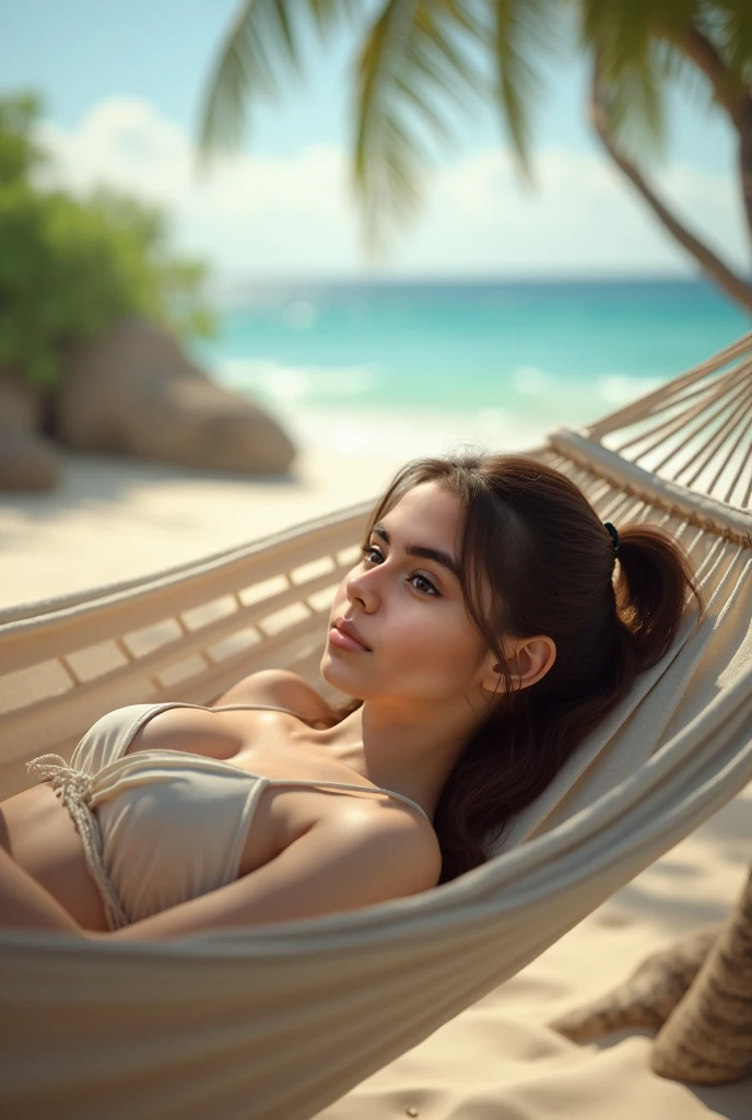 Raw photo of a young woman, around 25 years old, medium sized breasts, wearing a small tshirt. sprawled comfortably on a mat. The midday sun warms her tanned skin as a gentle breeze carries the scent of salt air. She wears a loose-fitting t-shirt and brightly colored shorts, perfect for a day at the beach. peaceful expression with eyes closed in pure contentment. Every now and then, a seagull calls overhead, its cry blending with the rhythmic crash of waves against the shore. A feeling of complete relaxation and freedom washes over her as she soaks up the warmth of the sun and the beauty of the summer day.