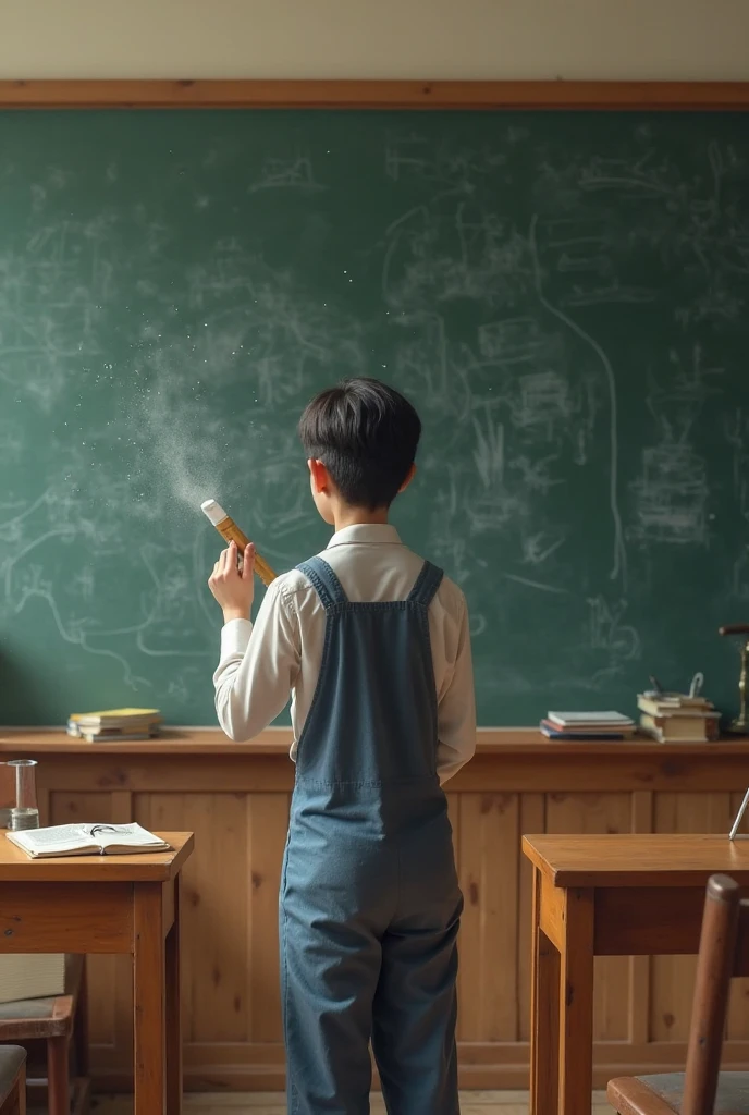 A boy from the northeast dressed as a country cowboy wearing a Brazilian doublet solving integrals on a whiteboard in a classroom.