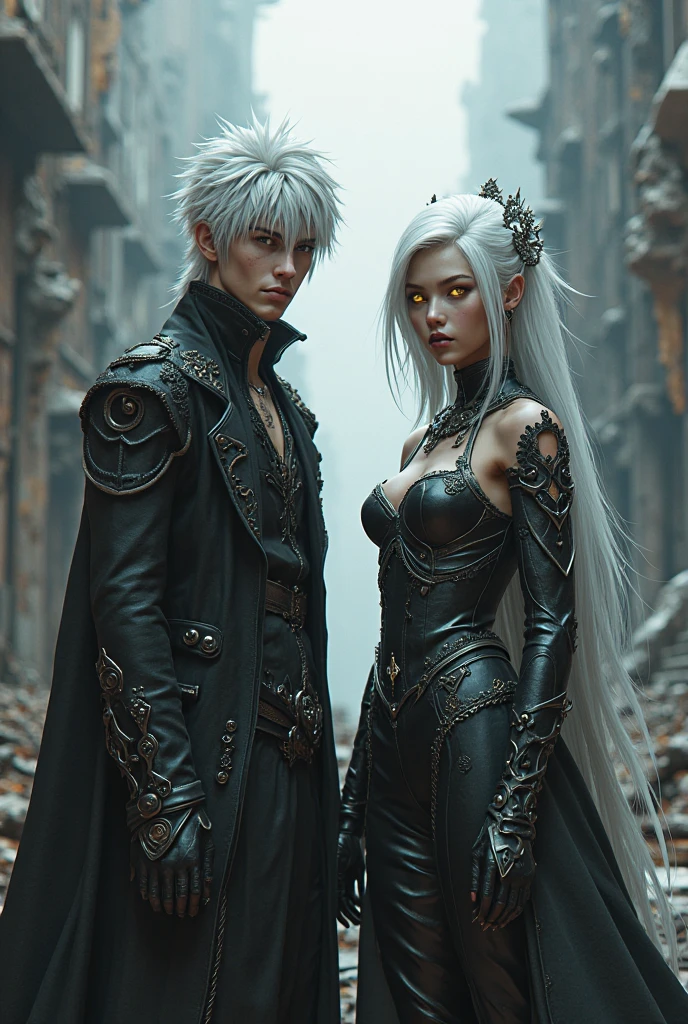 quadratic element,Off-white hair,a black trench coat,red color eyes,long whitr hair,14岁,Small breasts,boots,High ponytail,Sister lineage,One guy,holding dagger,
