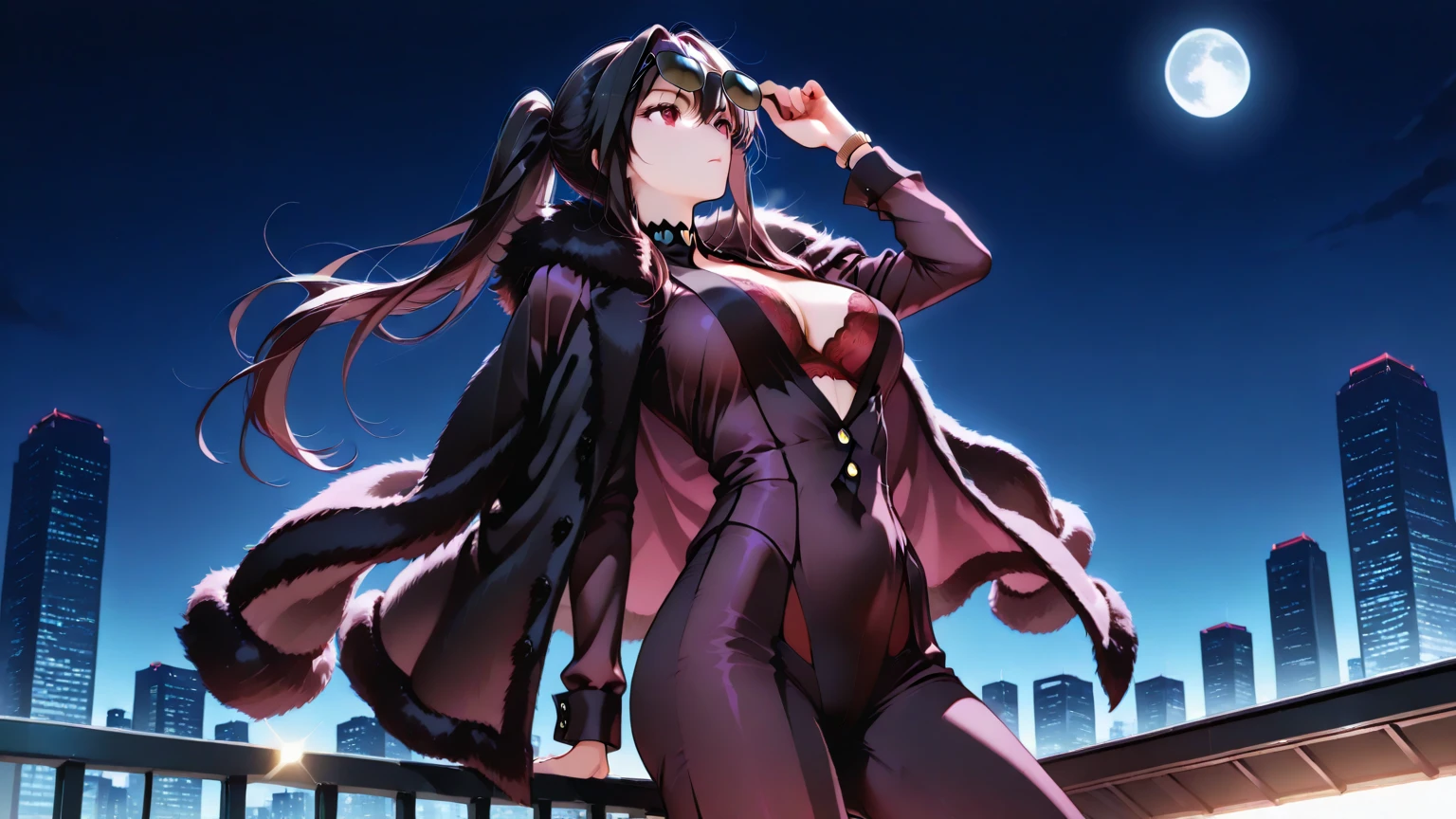 girl muscles huge breasts pale skin very long hair black hair yellow eyes sad expressionless solo black night dress black night dress
