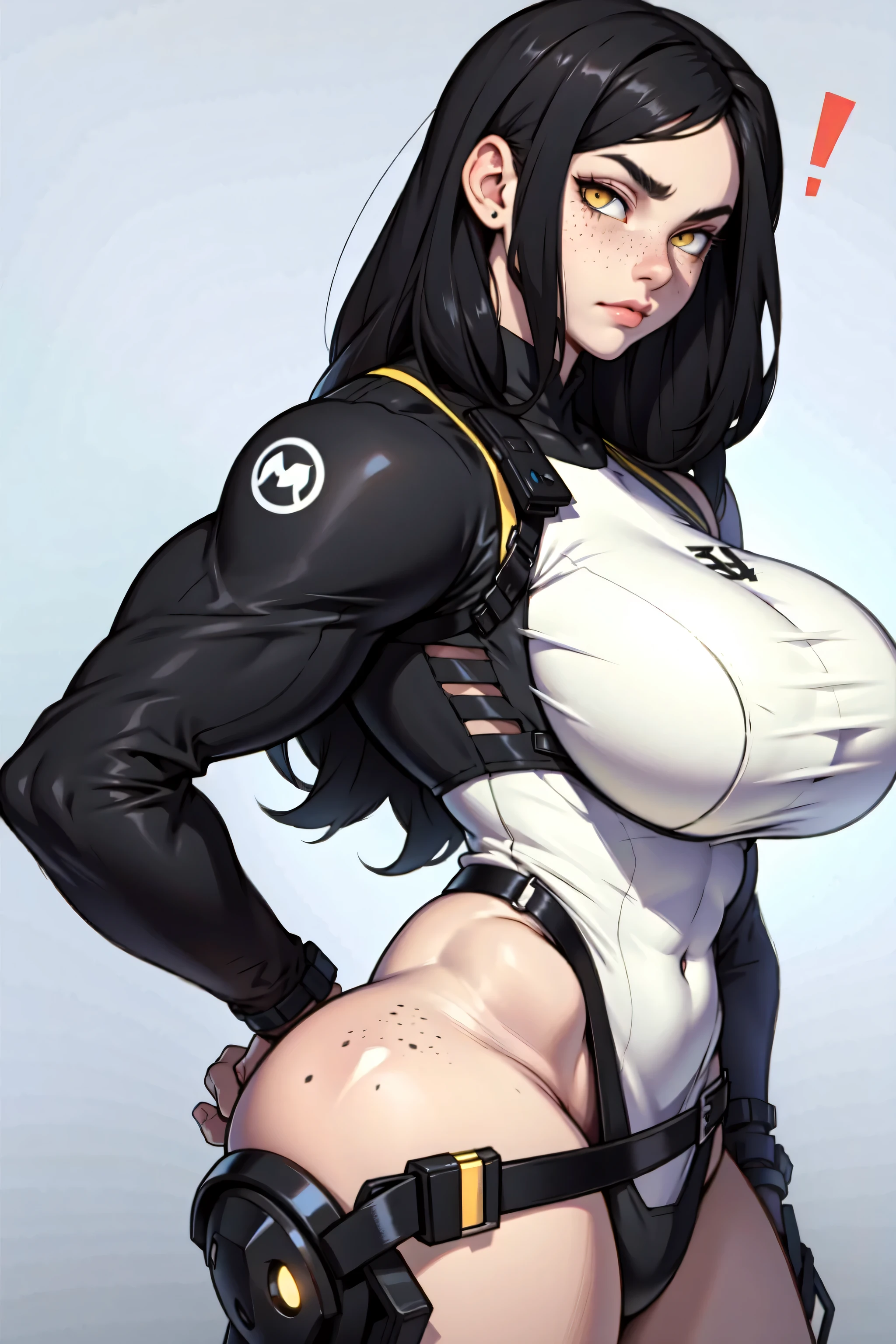 huge breasts huge thighs huge muscles black hair very long hair pale skin yellow eyes