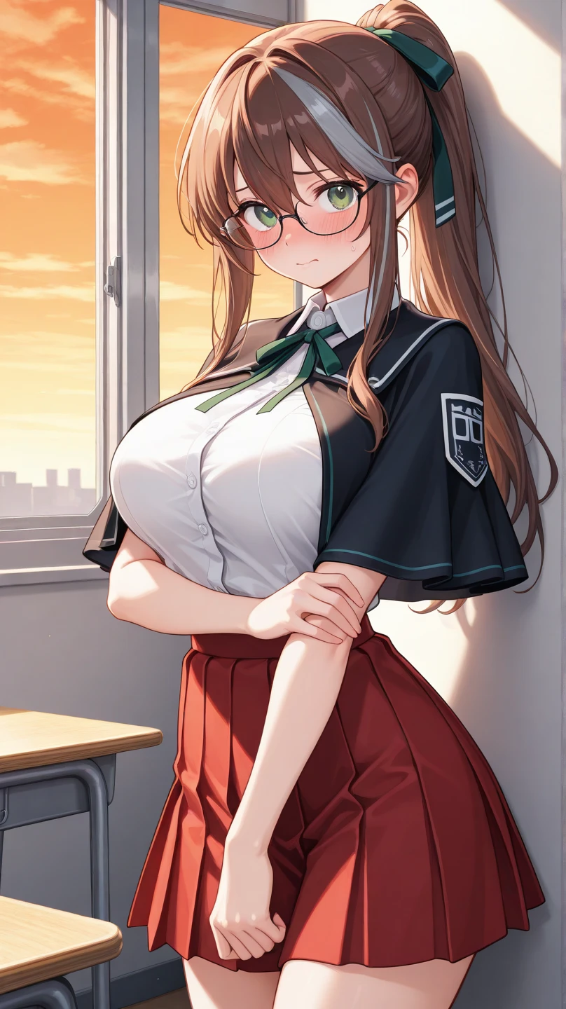 1girl, parted lips, blush, makeup, light smile,gigantic braests , classroom, school bag, light rays, glow, thighs, collarbone, narrow waist, (masterpiece), wallpaper,