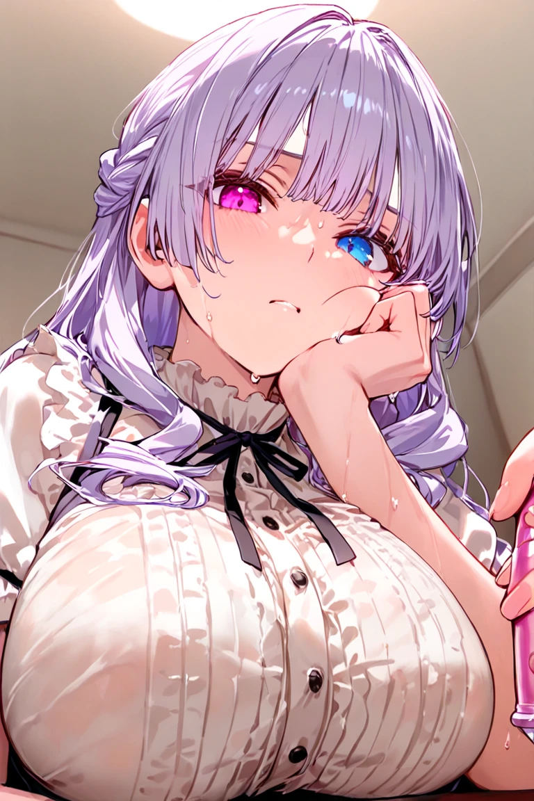 Highest quality,Very cute face,NSFW,(Huge breasts:1.5),blowjob,deepthroat,ass pov,Sucking penis,Open your mouth wide,Drooling,(Tears:1.3),(Big penis,Male lower body:1.4),(Upper Body),shinjou akane, light purple hair, (pink eyes:1.2), short hair,bow, collared shirt, hood, hooded jacket, jacket, open clothes, open jacket, open shirt, purple bow, purple jacket, , shirt, sleeves past wrists, unbuttoned shirt, white shirt,