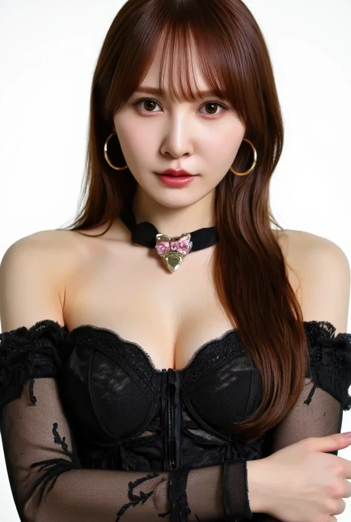 Highest quality，masterpiece，Very detailed, 8K，Beautiful Japan woman at 26 years old:1.5, Small face, blunt bangs, Crucifixion, (Detailed black K-pop idol outfit:1.5),　Breast Augmentation Surgery, Very detailedな臭い脇の下、　Live Stage、　height:164cm