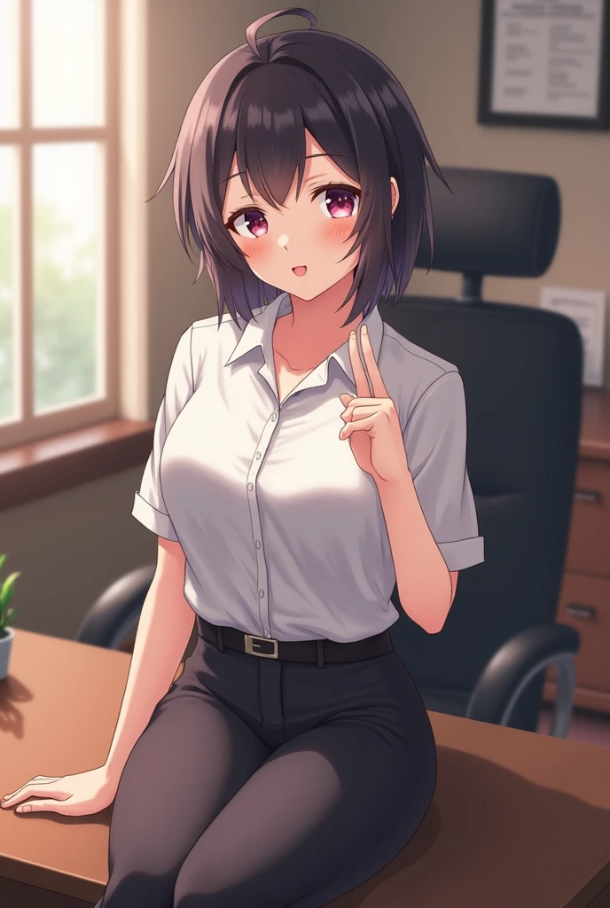 frame in, from right in front of face and body, view straight on, upper body, High quality, very high res, High quality, very high res, cute girl, brown hair, forehead, blunt bangs, bob cut, blush, Brushed up bangs, (white wearing a plain t-shirt), upright, pleated skirt, work desk, sitting in a work chair, (The girl's hands are gripping the edge of the chair), (pov hand is holding the girl's medium breast:1.2), smile, at office
