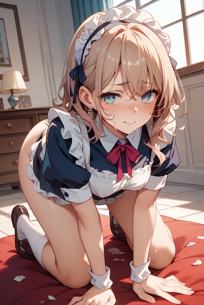 beautiful long blonde blue eyes small tit maid clothes Standing embarrassed from Tears are overflowing from the eyes crotch open Blushing 1girl in, Peeing